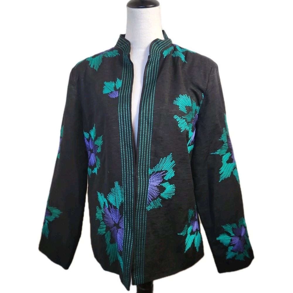 Birch Hill‎ Womens Blazer Size XL Black Embroidered Open Front Silk Blend Jacket